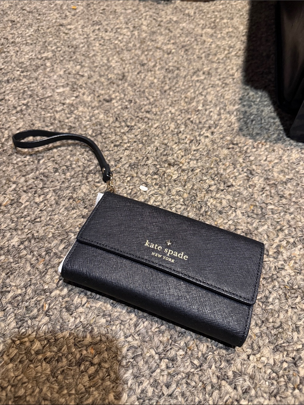 kate spade Black Saffiano Leather Wristlet Clutch with Gold Logo